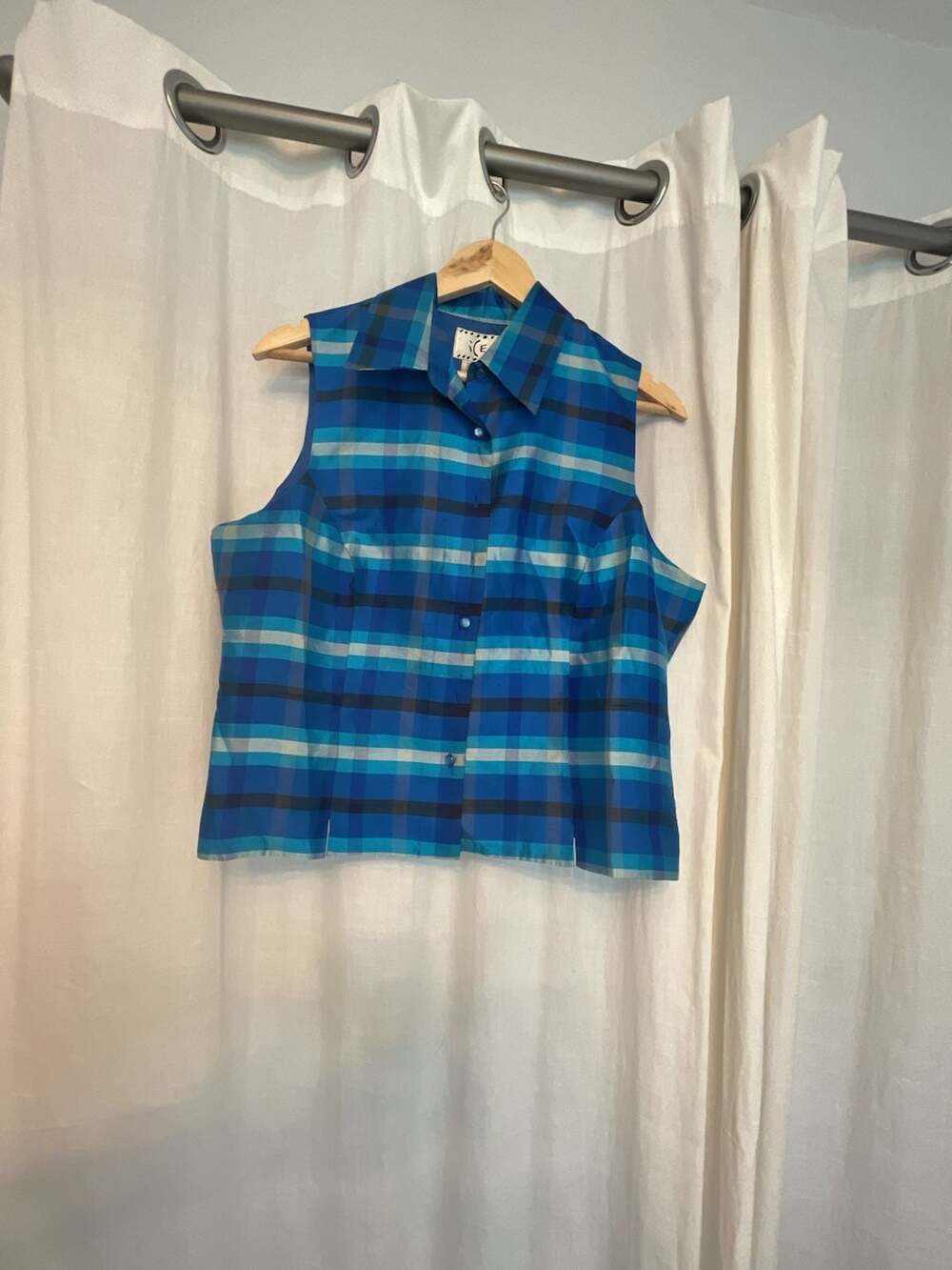 i(E Vintage 100% Silk Plaid Sleeveless Button Down Shirt Size L